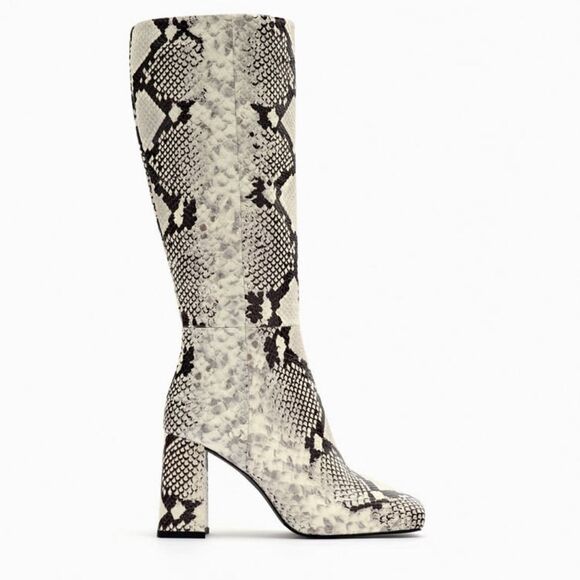 NWT ZARA BOOTS SNAKE PRINT INNER PLATFORM LEATHERโHEELED KNEE HIGH BOOTS - Picture 9 of 14
